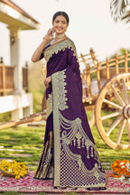 MANOHARI Banarasi Silk Blend Jacquard Work Saree - Purple | Grocsy