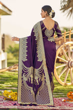 MANOHARI Banarasi Silk Blend Jacquard Work Saree - Purple | Grocsy