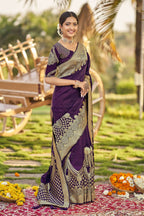 MANOHARI Banarasi Silk Blend Jacquard Work Saree - Purple | Grocsy