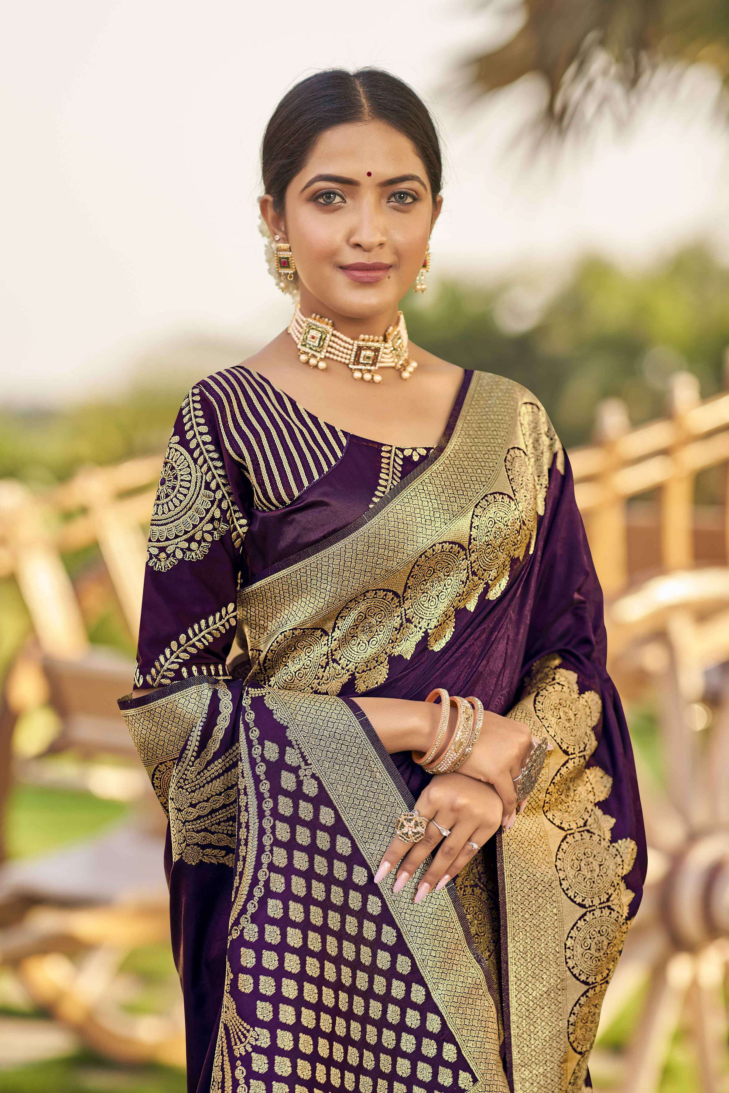 MANOHARI Banarasi Silk Blend Jacquard Work Saree - Purple | Grocsy