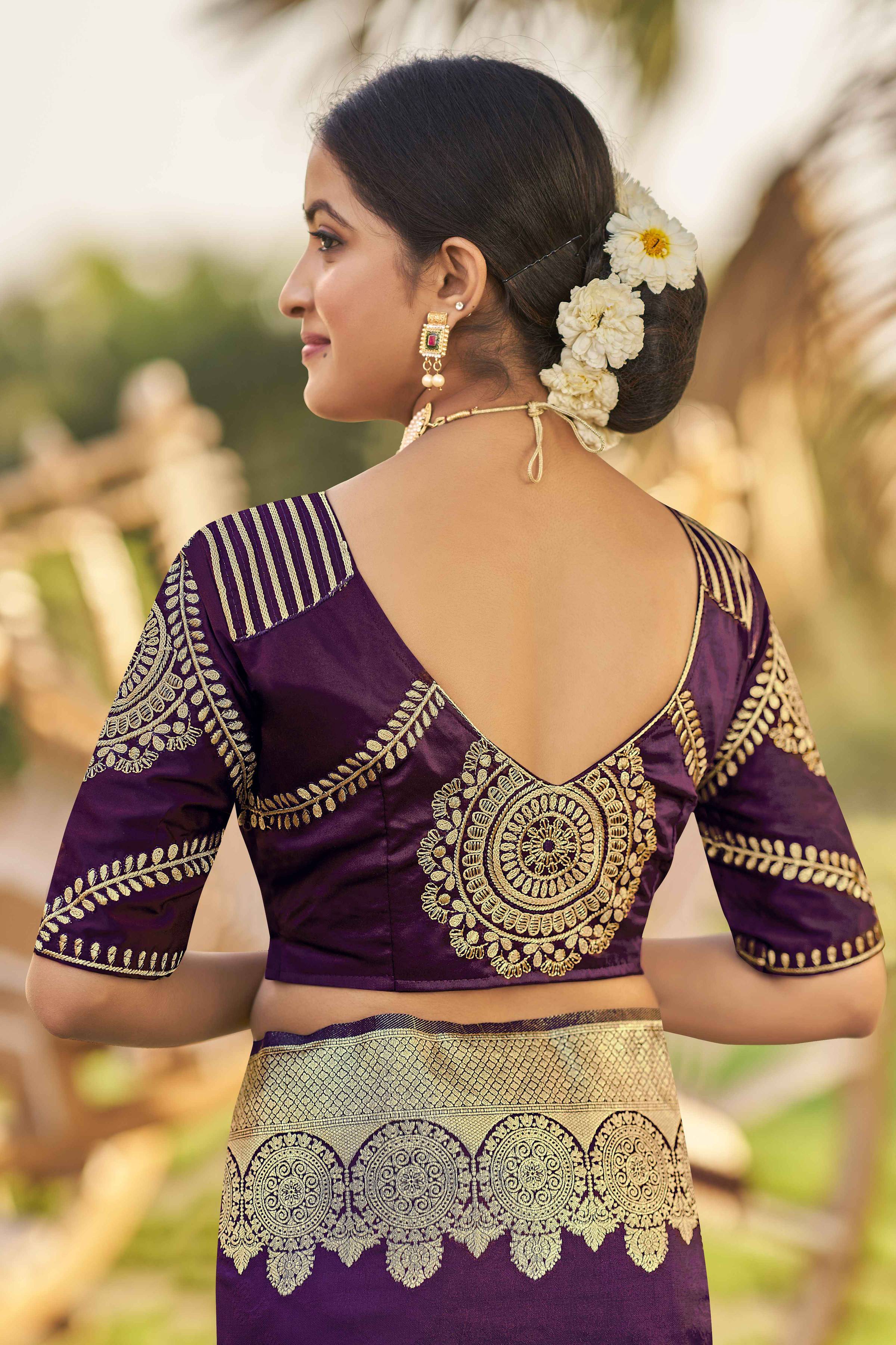 MANOHARI Banarasi Silk Blend Jacquard Work Saree - Purple | Grocsy