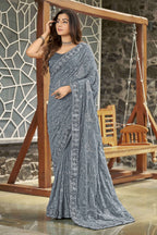 MANOHARI Georgette Embroidered Work Saree - Grey | Grocsy