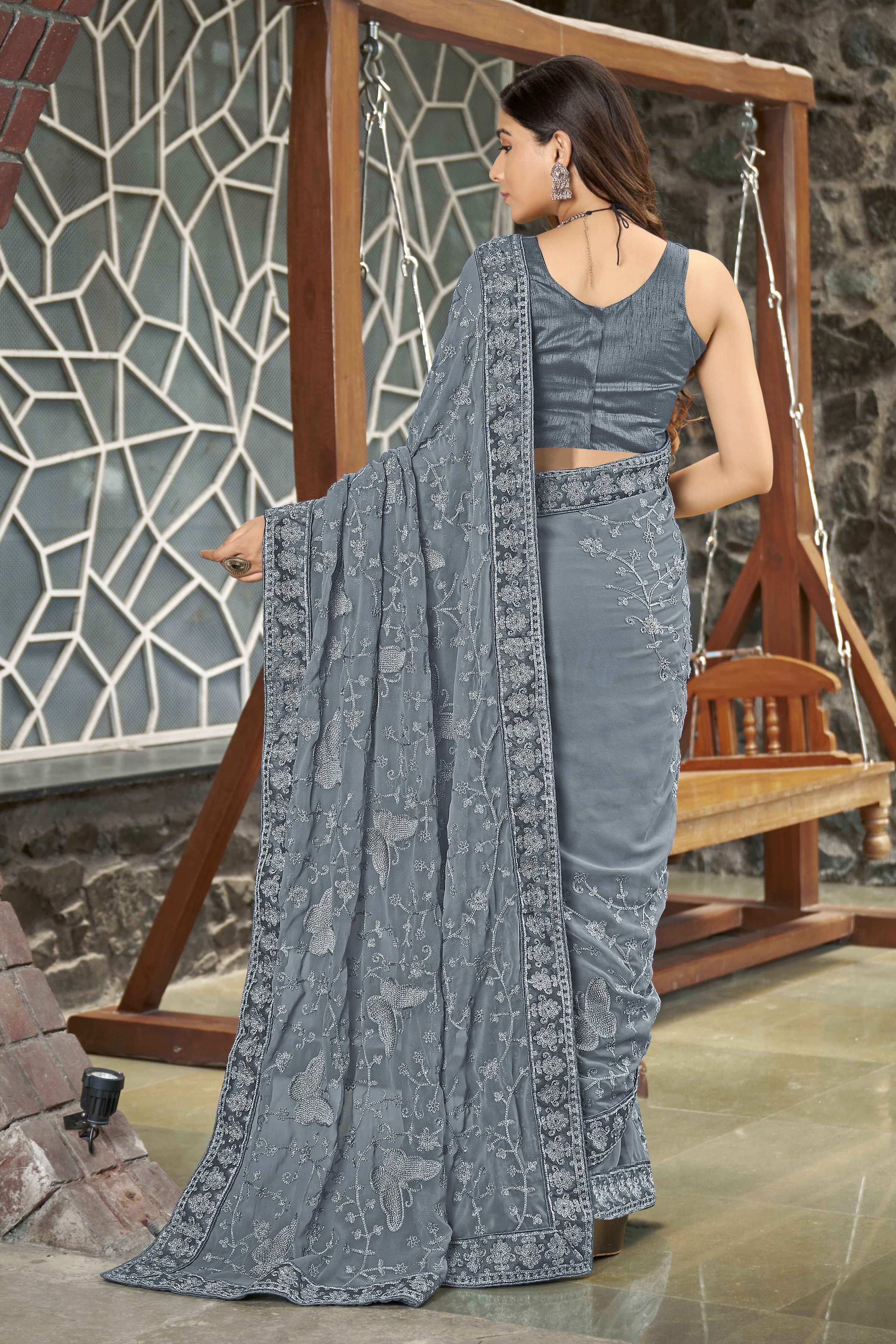 MANOHARI Georgette Embroidered Work Saree - Grey | Grocsy
