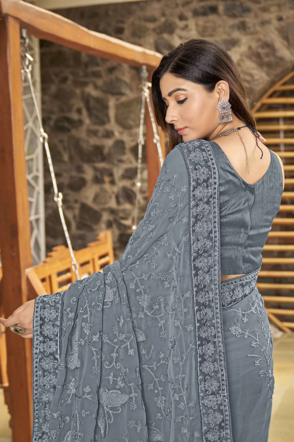 MANOHARI Georgette Embroidered Work Saree - Grey | Grocsy