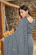 MANOHARI Georgette Embroidered Work Saree - Grey | Grocsy