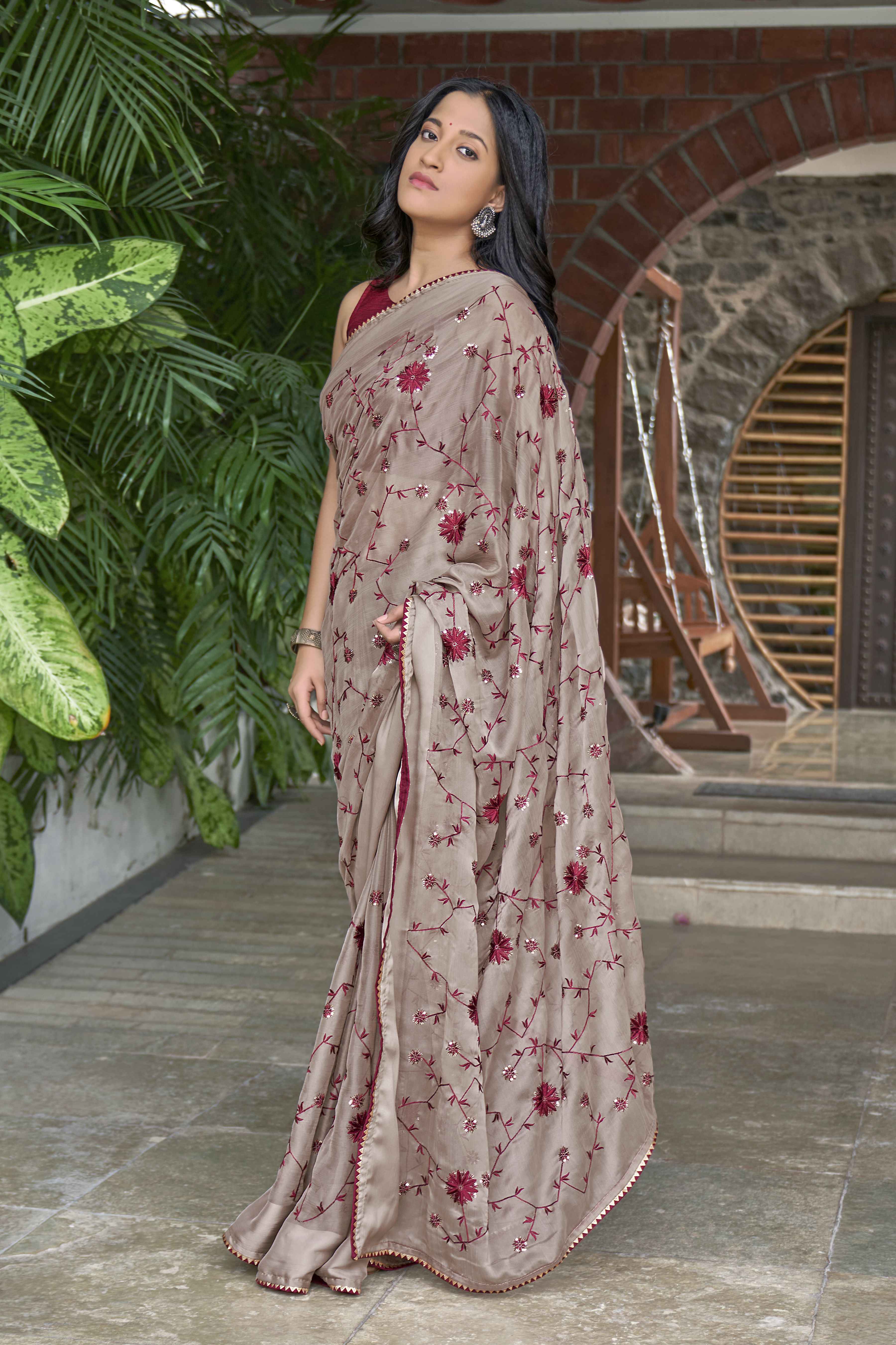 MANOHARI Georgette Embroidered Work Saree - Beige | Grocsy