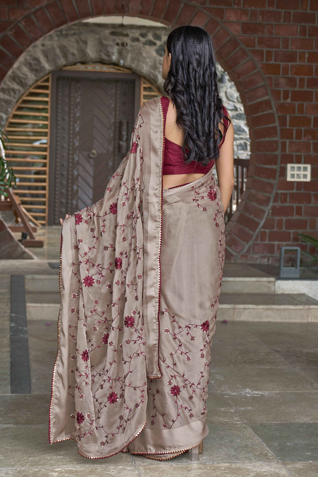 MANOHARI Georgette Embroidered Work Saree - Beige | Grocsy