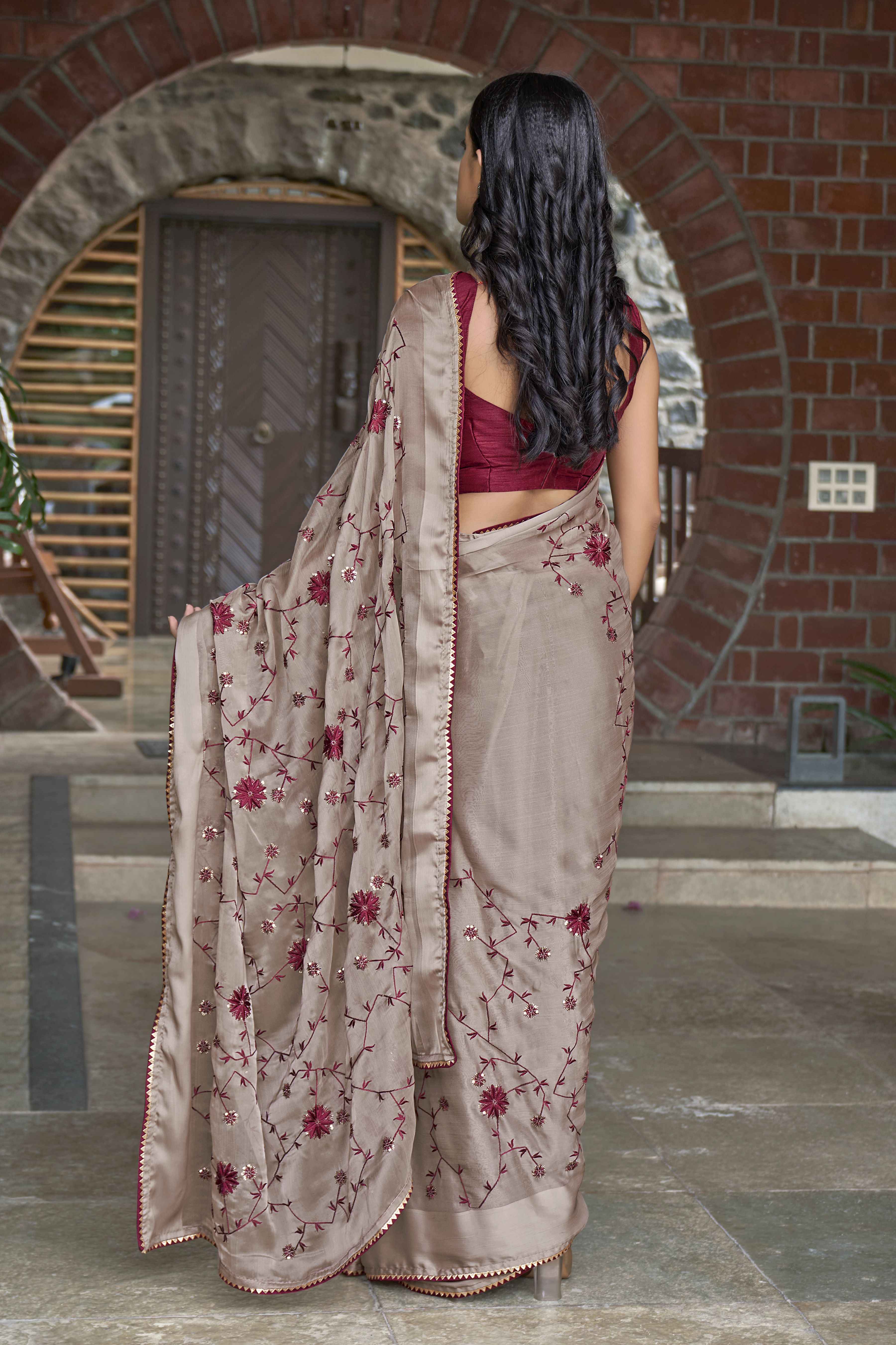 MANOHARI Georgette Embroidered Work Saree - Beige | Grocsy