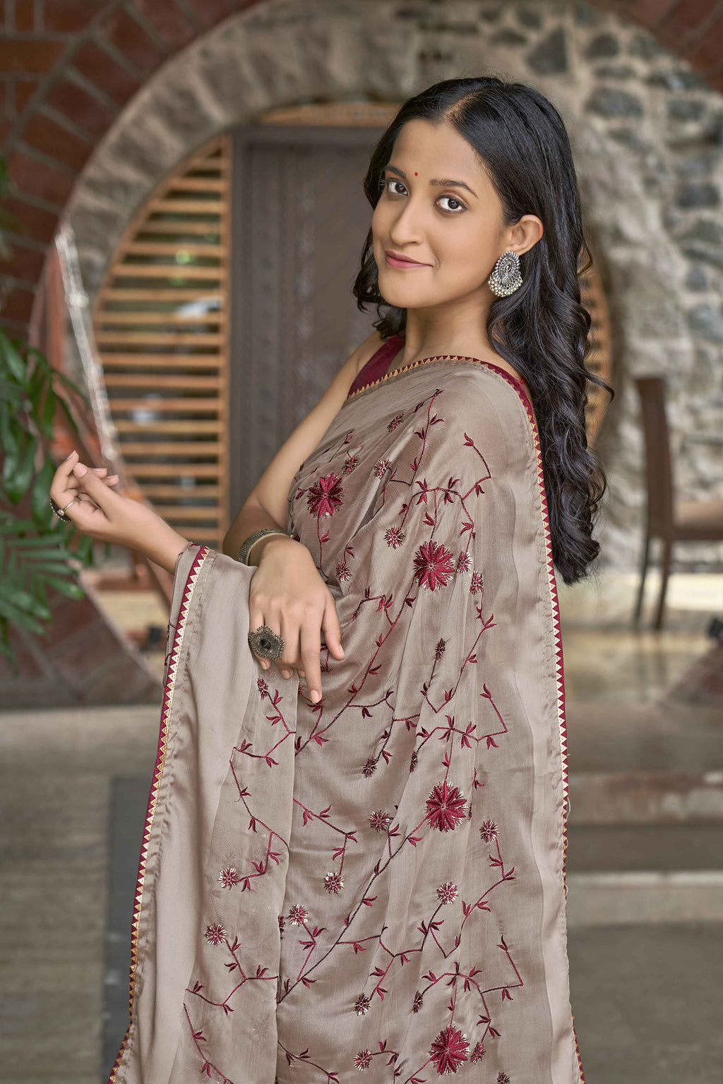 MANOHARI Georgette Embroidered Work Saree - Beige | Grocsy