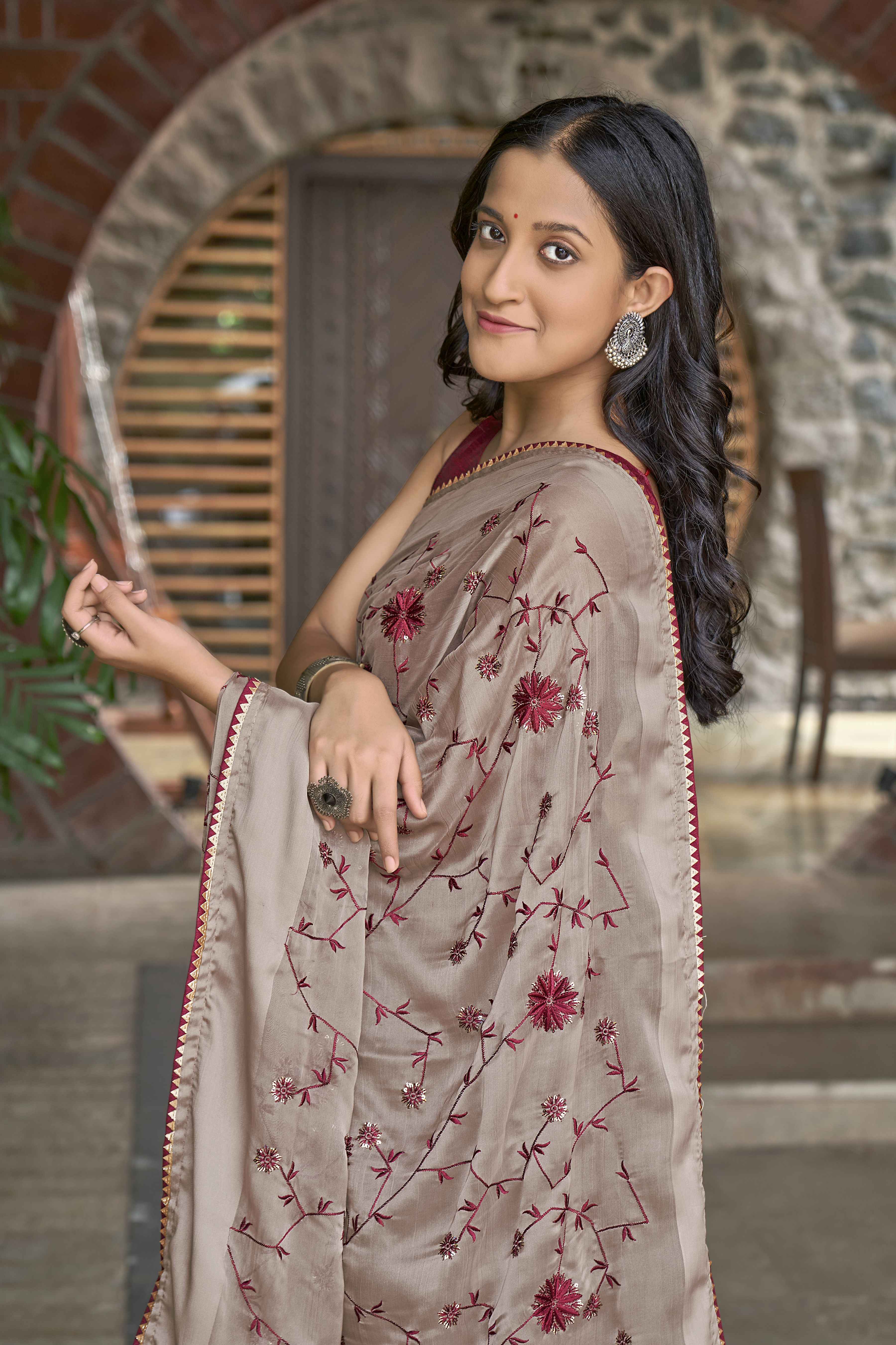 MANOHARI Georgette Embroidered Work Saree - Beige | Grocsy