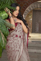 MANOHARI Georgette Embroidered Work Saree - Beige | Grocsy