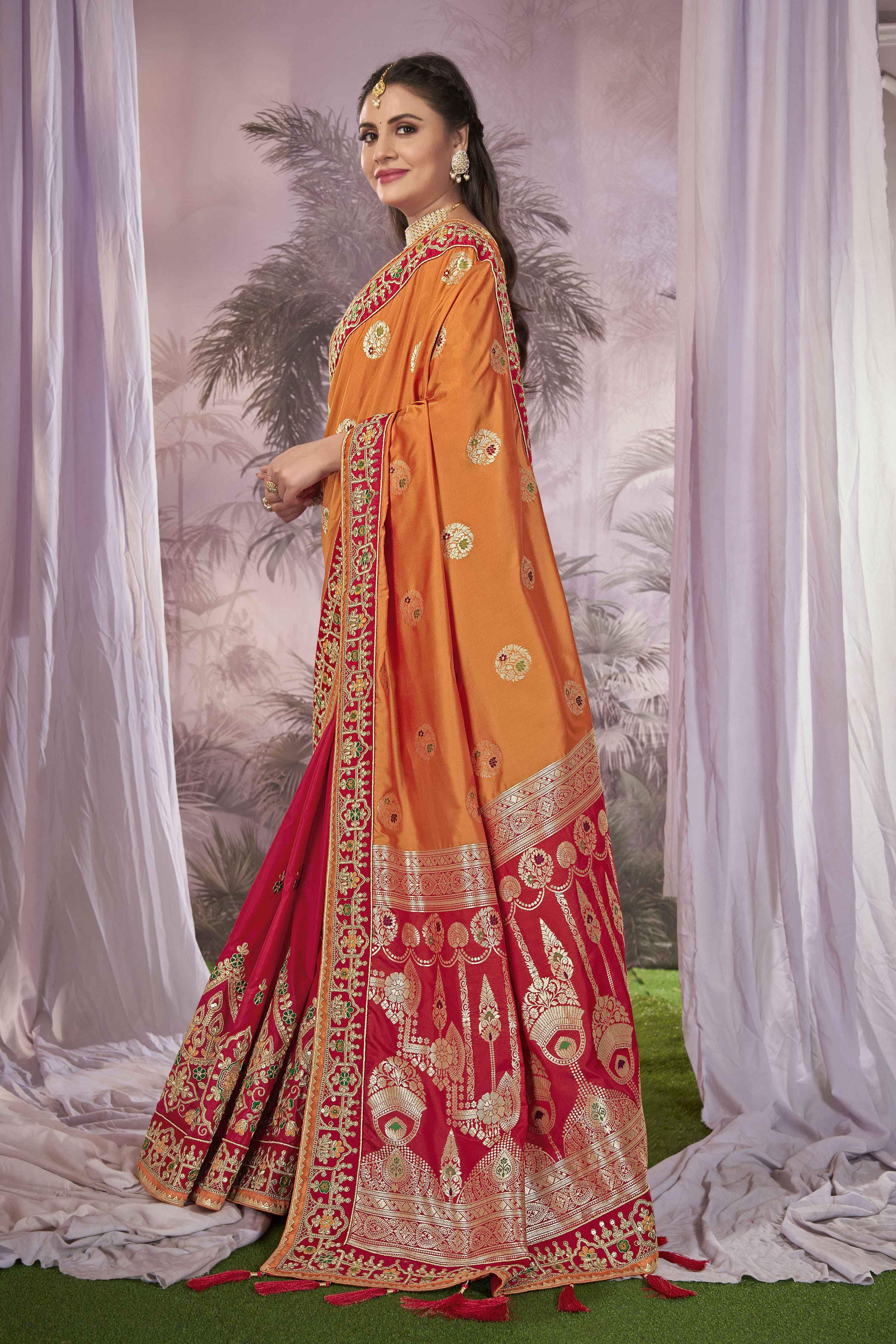 MANOHARI Banarasi Silk Blend Jacquard Work Saree - Orange | Grocsy