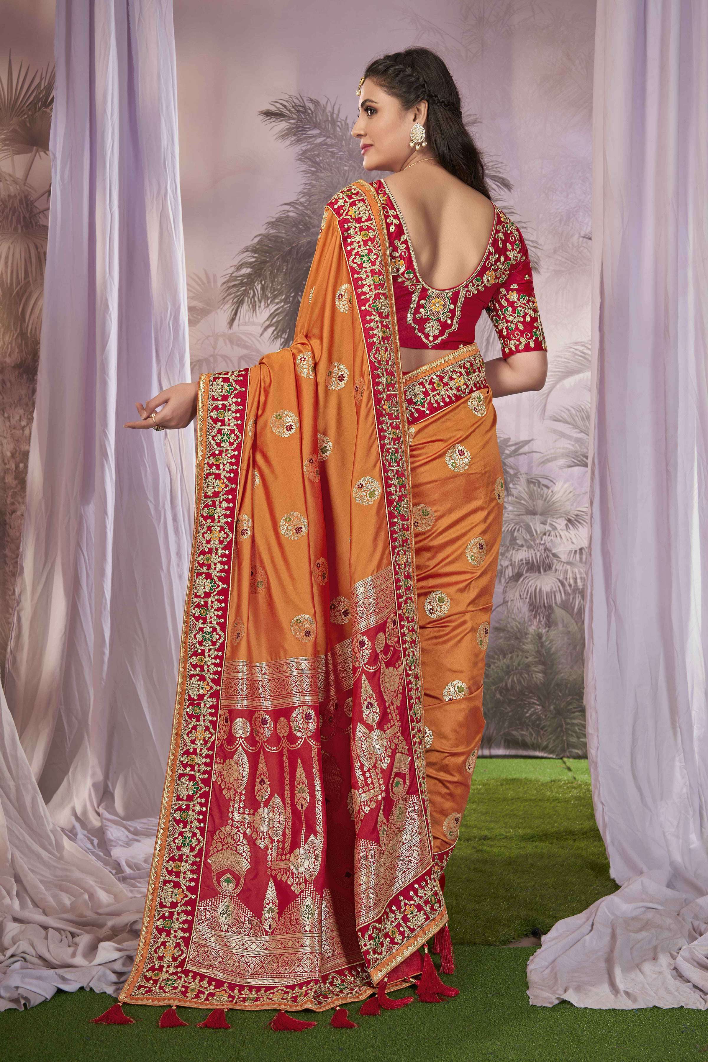 MANOHARI Banarasi Silk Blend Jacquard Work Saree - Orange | Grocsy