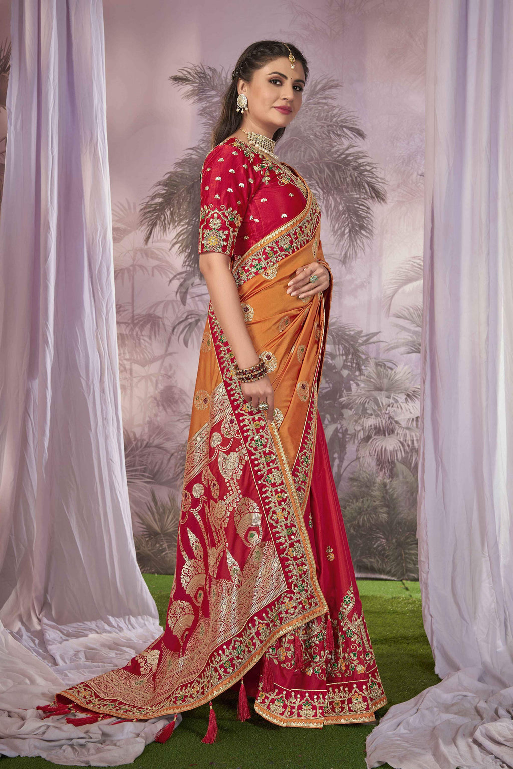 MANOHARI Banarasi Silk Blend Jacquard Work Saree - Orange | Grocsy