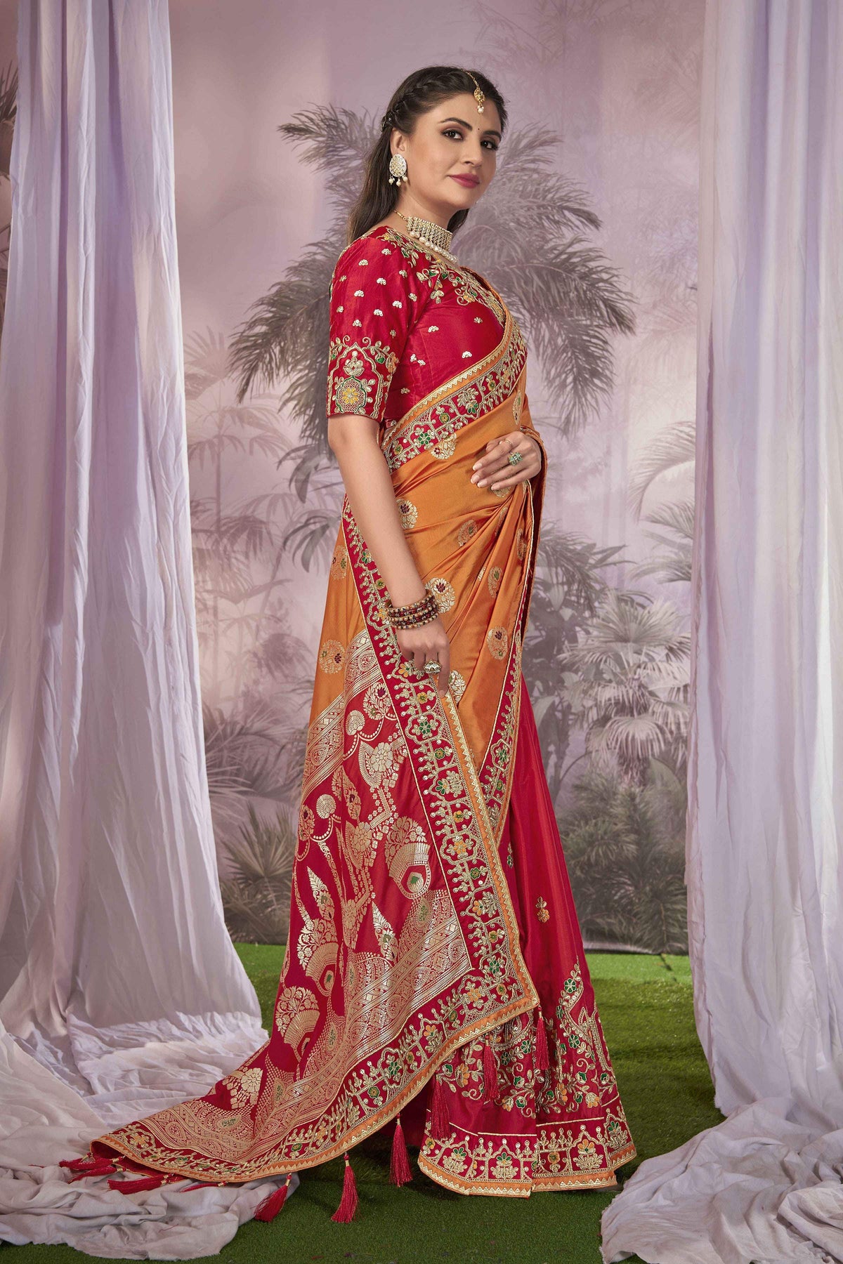 MANOHARI Banarasi Silk Blend Jacquard Work Saree - Orange | Grocsy