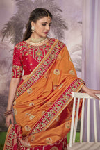MANOHARI Banarasi Silk Blend Jacquard Work Saree - Orange | Grocsy