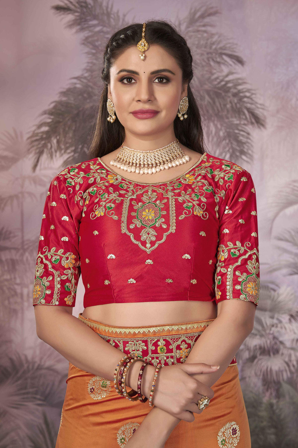 MANOHARI Banarasi Silk Blend Jacquard Work Saree - Orange | Grocsy