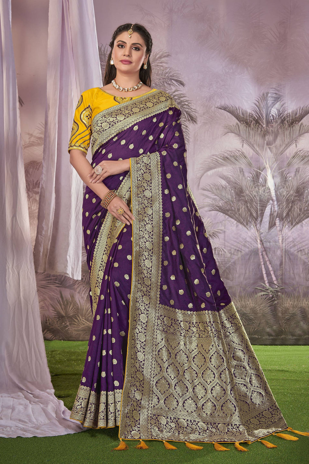 MANOHARI Banarasi Silk Blend Jacquard Work Saree - Purple | Grocsy