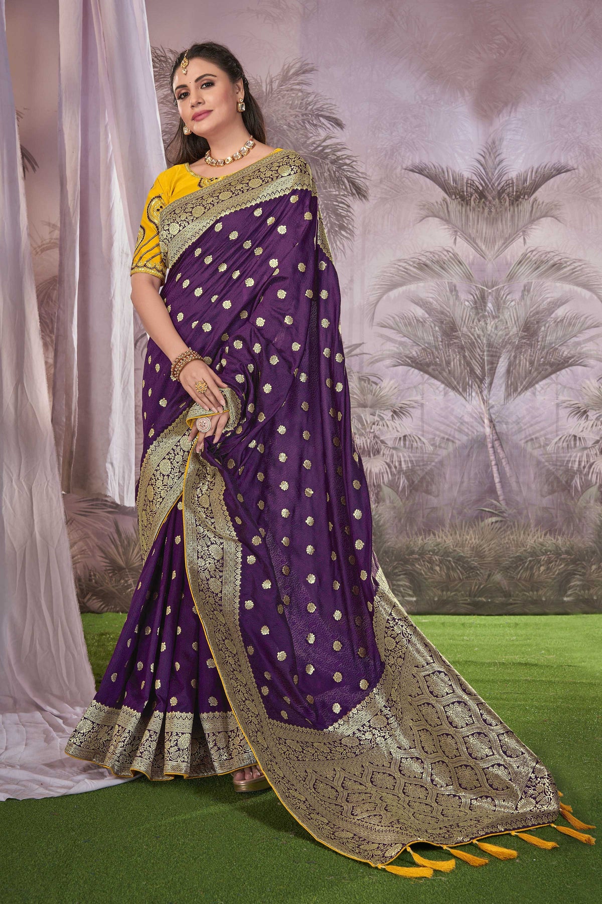 MANOHARI Banarasi Silk Blend Jacquard Work Saree - Purple | Grocsy