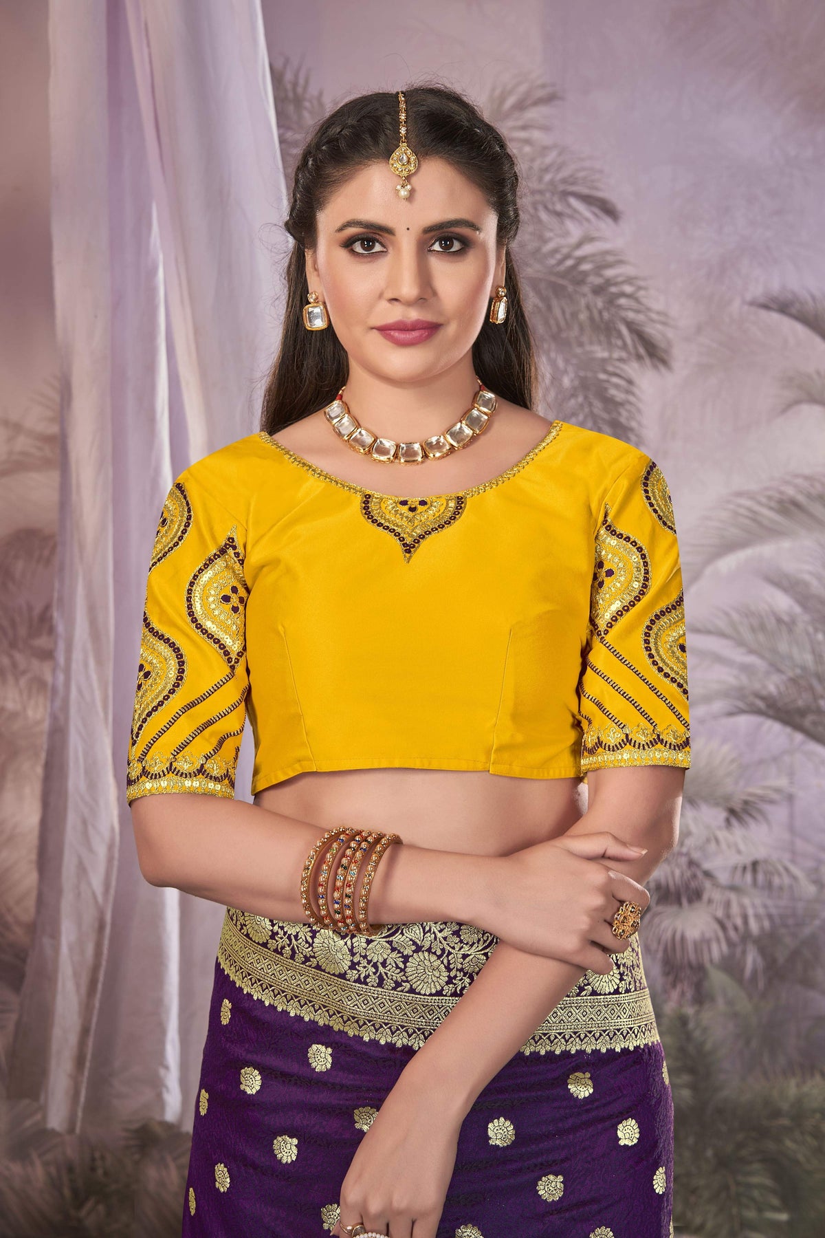 MANOHARI Banarasi Silk Blend Jacquard Work Saree - Purple | Grocsy