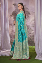 MANOHARI Banarasi Silk Blend Jacquard Work Saree - Blue | Grocsy