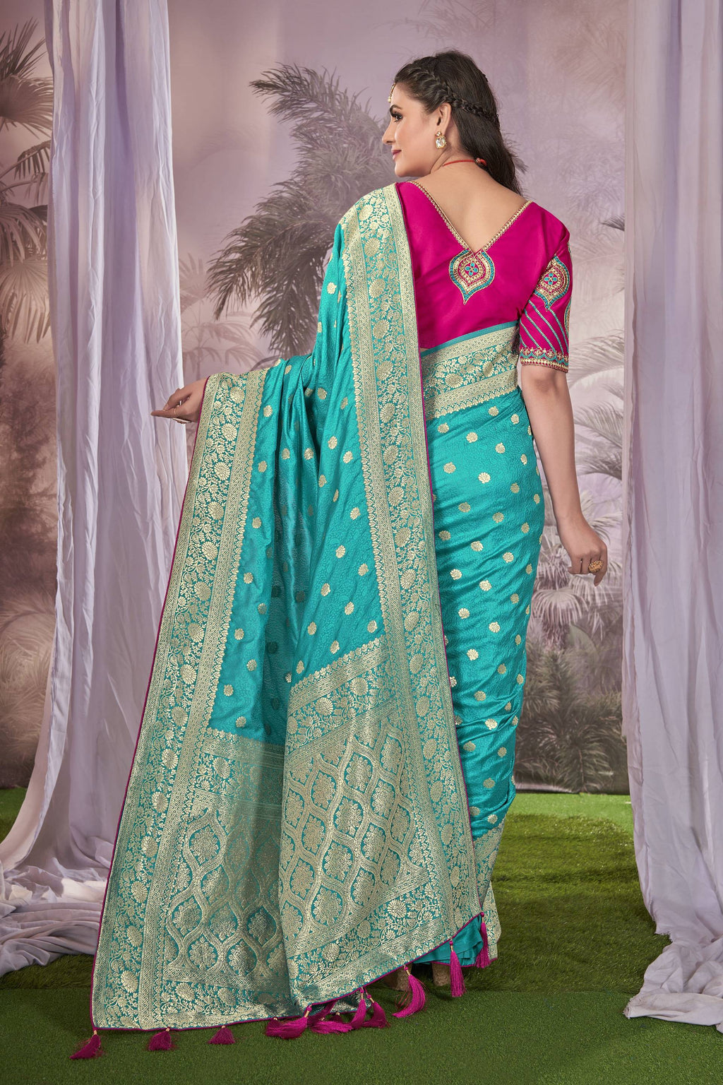 MANOHARI Banarasi Silk Blend Jacquard Work Saree - Blue | Grocsy
