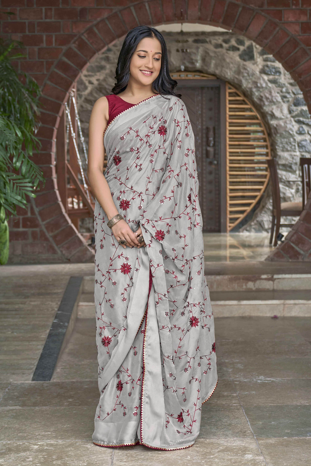 MANOHARI Georgette Embroidered Work Saree - Grey | Grocsy