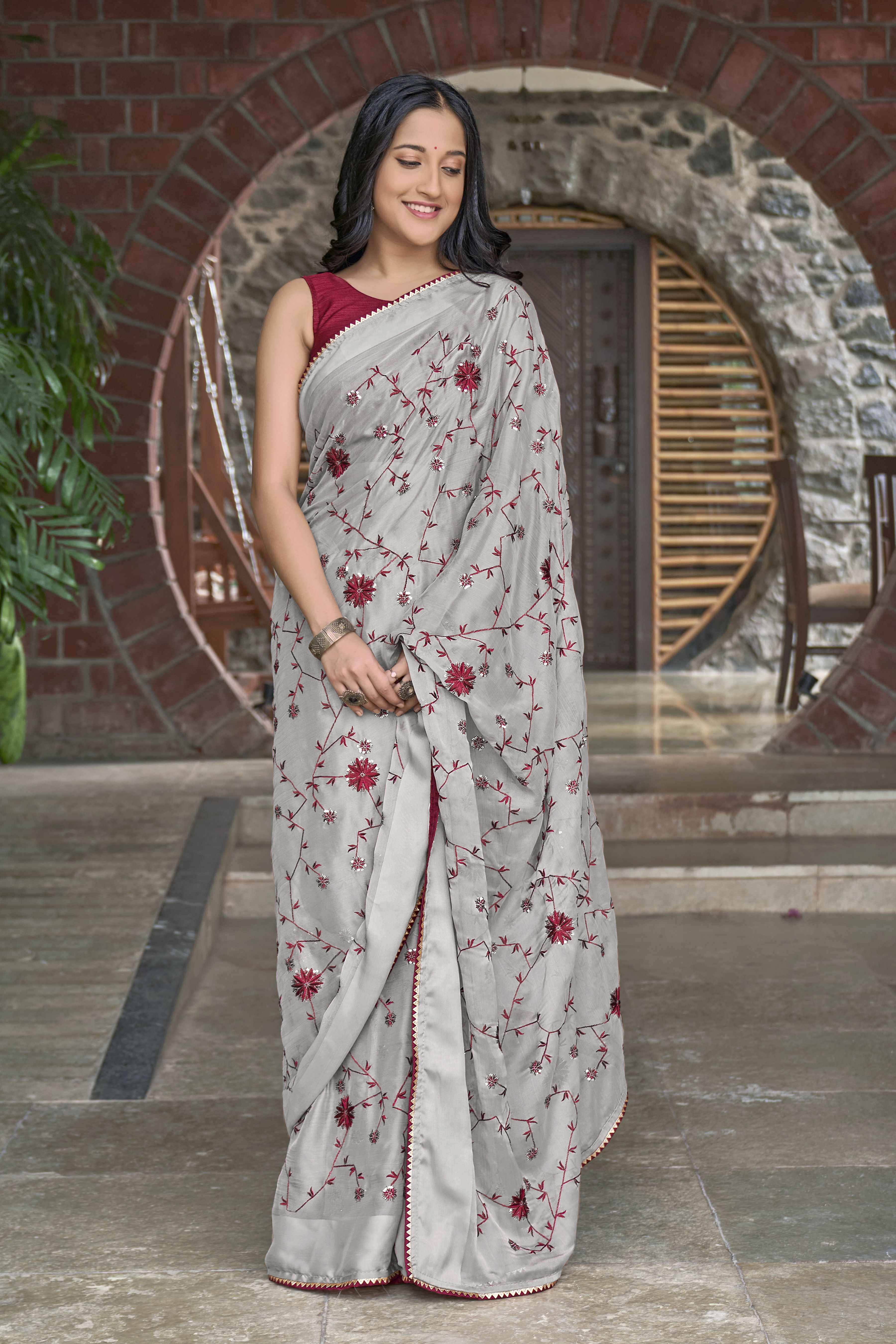 MANOHARI Georgette Embroidered Work Saree - Grey | Grocsy
