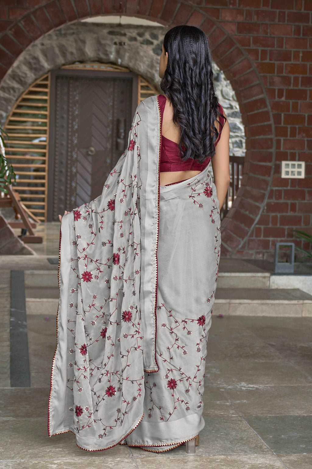 MANOHARI Georgette Embroidered Work Saree - Grey | Grocsy