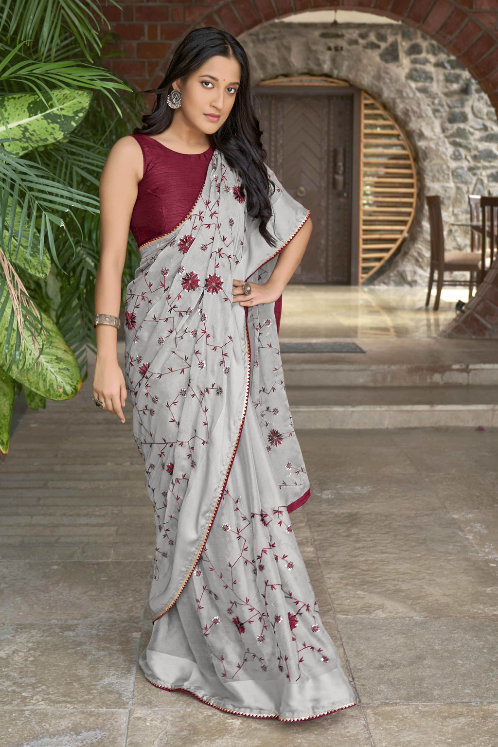 MANOHARI Georgette Embroidered Work Saree - Grey | Grocsy