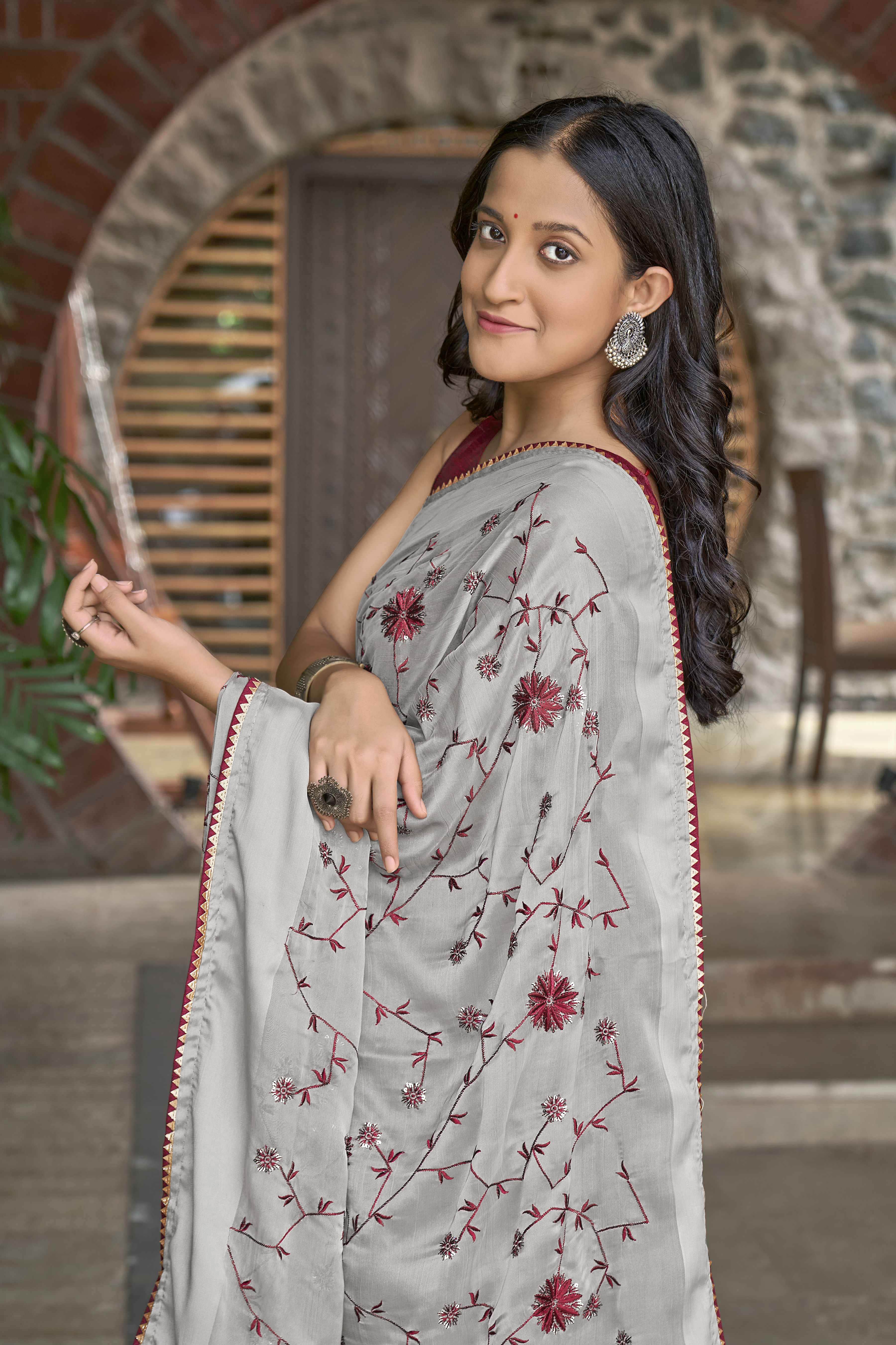 MANOHARI Georgette Embroidered Work Saree - Grey | Grocsy