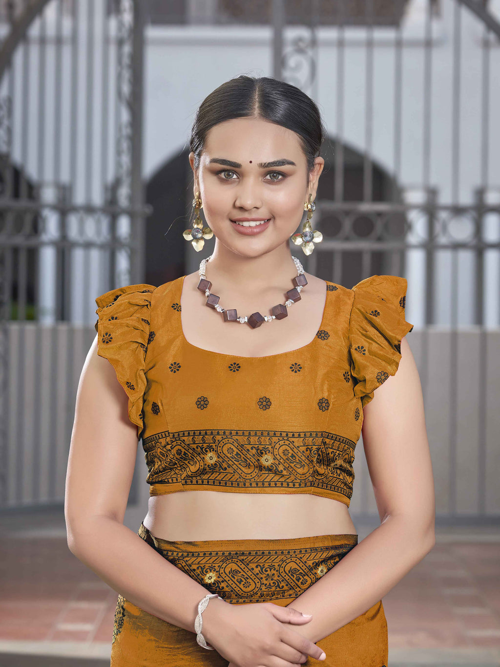 MANOHARI Banarasi Silk Blend Jacquard Work Saree - Mustard | Grocsy