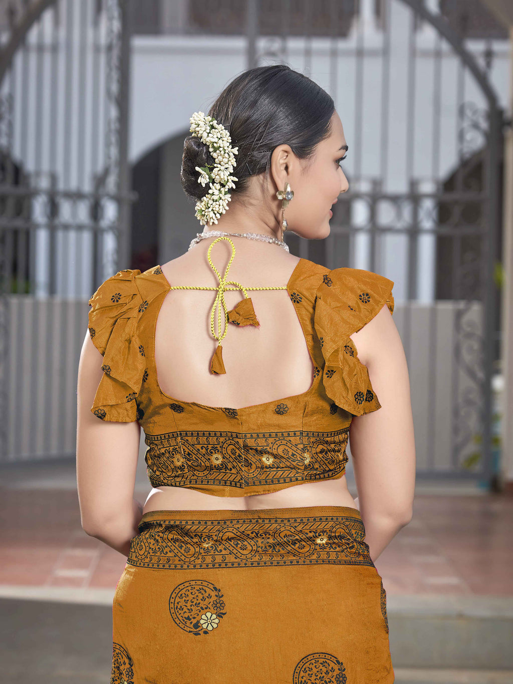 MANOHARI Banarasi Silk Blend Jacquard Work Saree - Mustard | Grocsy