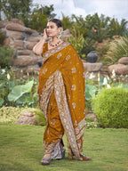 MANOHARI Banarasi Silk Blend Jacquard Work Saree - Mustard | Grocsy