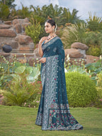 MANOHARI Banarasi Silk Blend Jacquard Work Saree - Blue | Grocsy