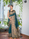 MANOHARI Banarasi Silk Blend Jacquard Work Saree - Green | Grocsy