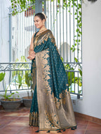 MANOHARI Banarasi Silk Blend Jacquard Work Saree - Green | Grocsy