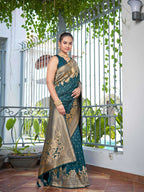 MANOHARI Banarasi Silk Blend Jacquard Work Saree - Green | Grocsy