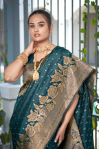 MANOHARI Banarasi Silk Blend Jacquard Work Saree - Green | Grocsy