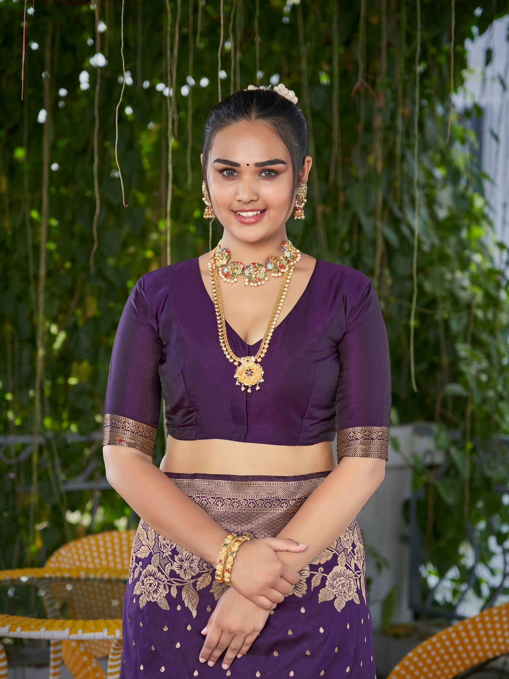 MANOHARI Banarasi Silk Blend Jacquard Work Saree - Purple | Grocsy