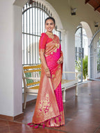 MANOHARI Banarasi Silk Blend Jacquard Work Saree - Pink | Grocsy