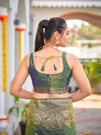 MANOHARI Banarasi Silk Blend Jacquard Work Saree - Green | Grocsy