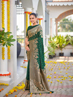 MANOHARI Banarasi Silk Blend Jacquard Work Saree - Green | Grocsy