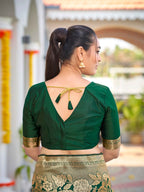 MANOHARI Banarasi Silk Blend Jacquard Work Saree - Green | Grocsy