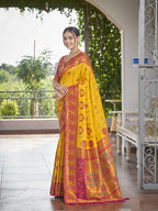 MANOHARI Banarasi Silk Blend Jacquard Work Saree - Yellow | Grocsy