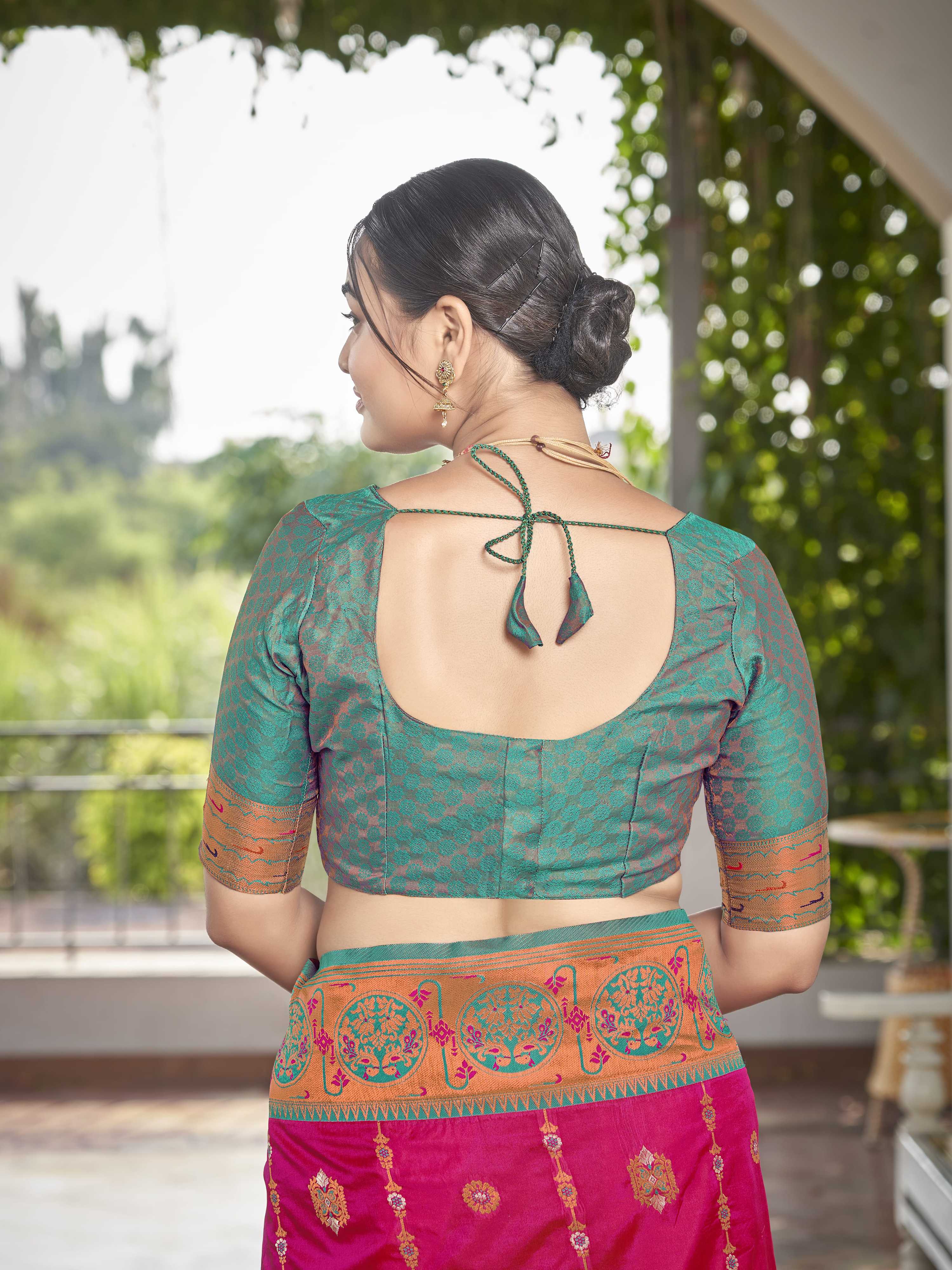 MANOHARI Banarasi Silk Blend Jacquard Work Saree - Pink | Grocsy