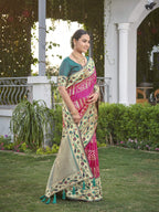 MANOHARI Banarasi Silk Blend Jacquard Work Saree - Pink | Grocsy
