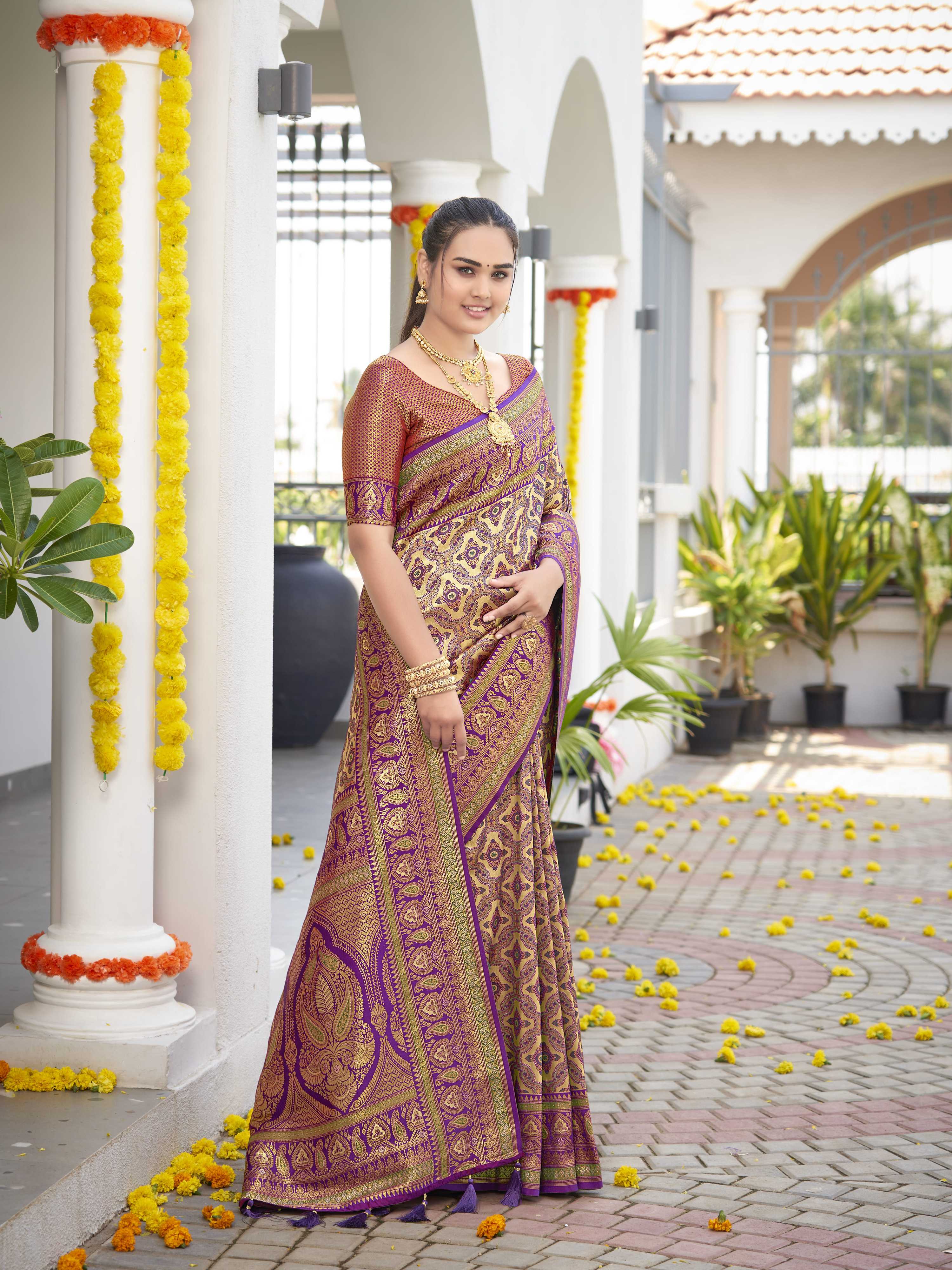 MANOHARI Banarasi Silk Blend Jacquard Work Saree - Purple | Grocsy
