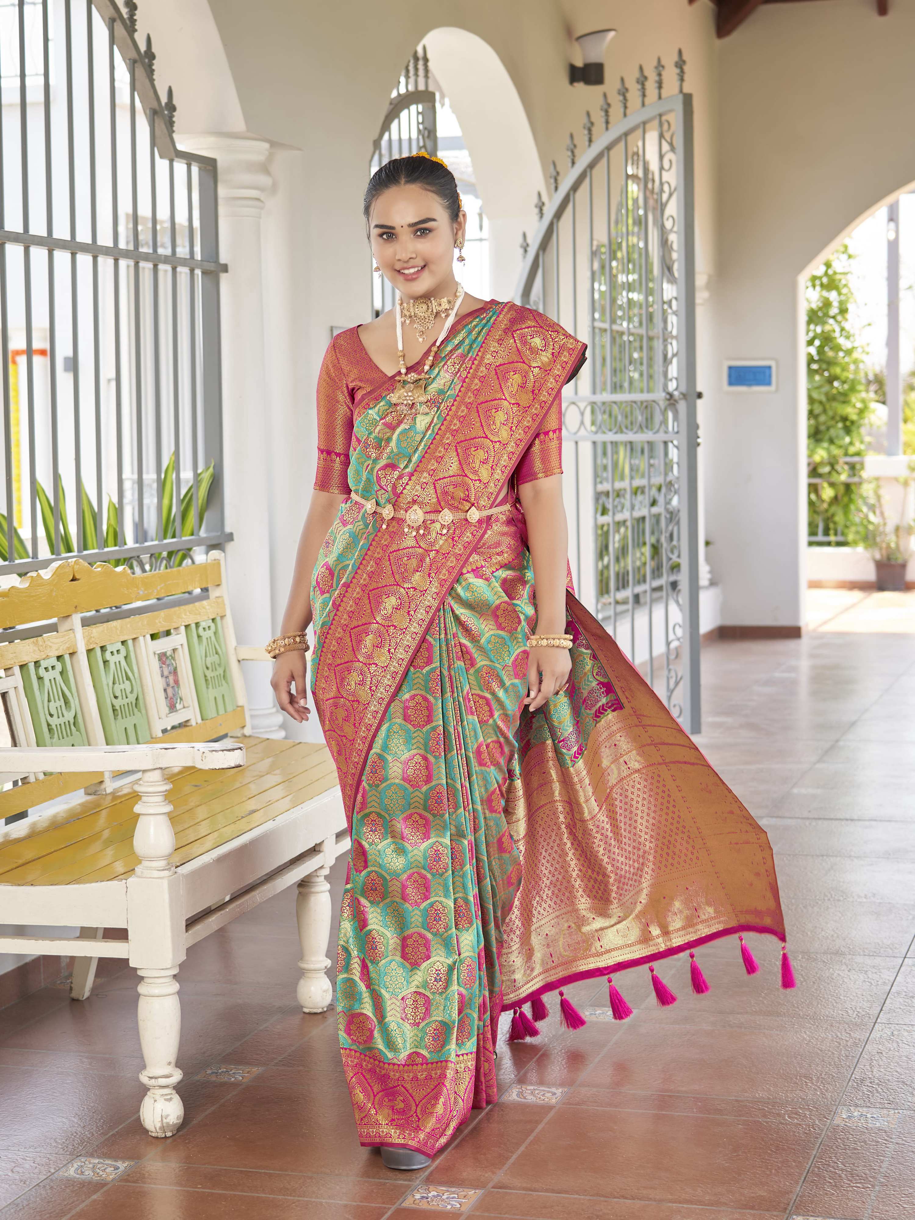 MANOHARI Banarasi Silk Blend Jacquard Work Saree - Blue | Grocsy