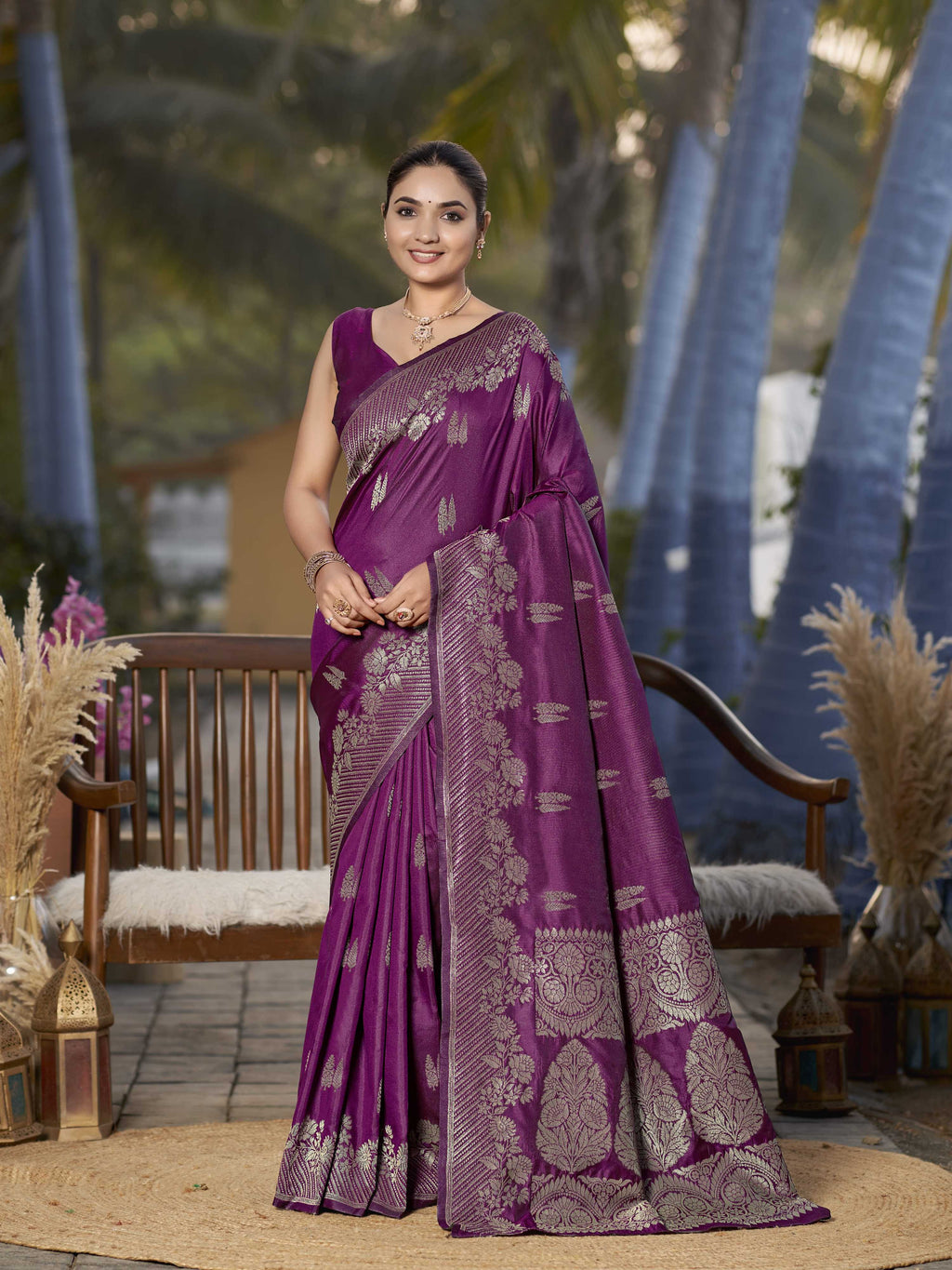MANOHARI Banarasi Silk Blend Jacquard Work Saree - Purple | Grocsy